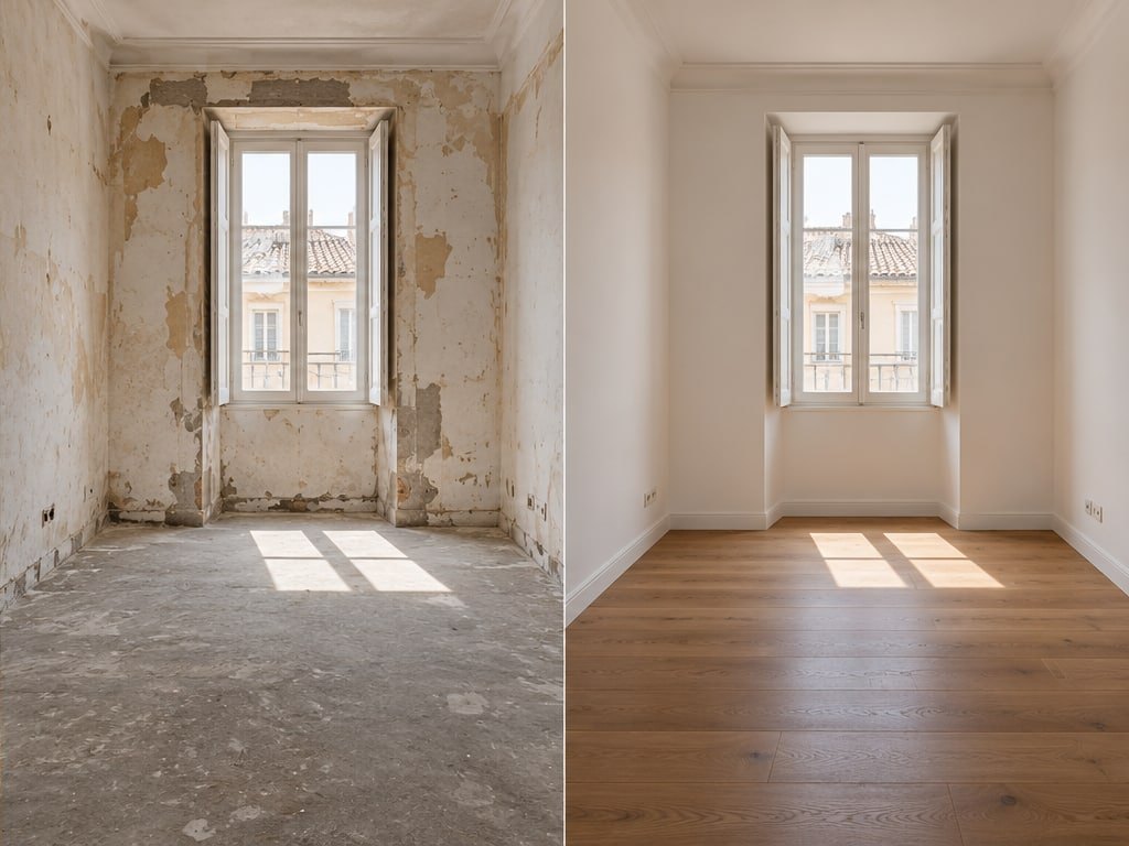 Comparação de uma divisão antes e depois de uma remodelação