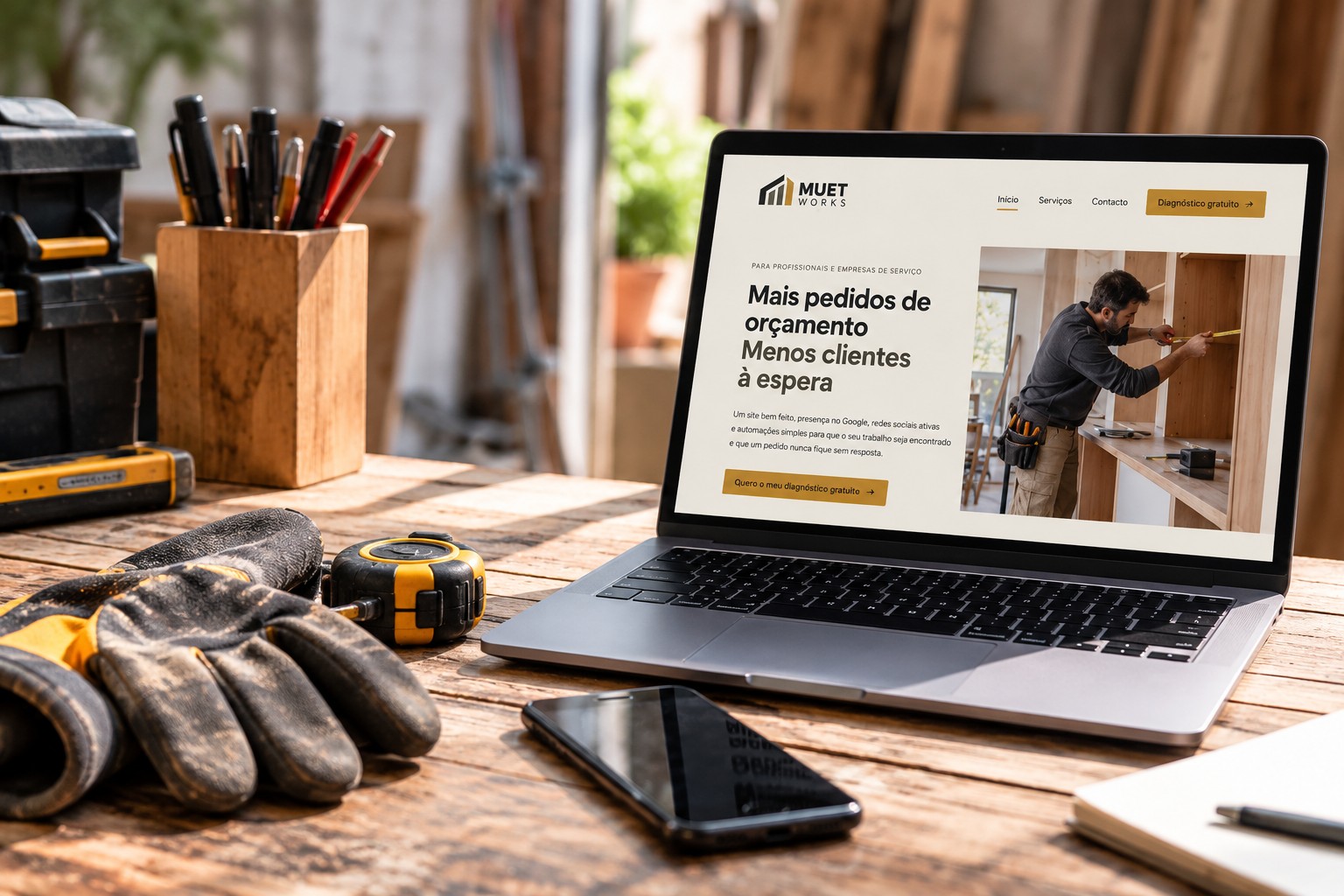 Bancada de trabalho com ferramentas, luvas, telemóvel e computador a mostrar a página inicial da MUET WORKS